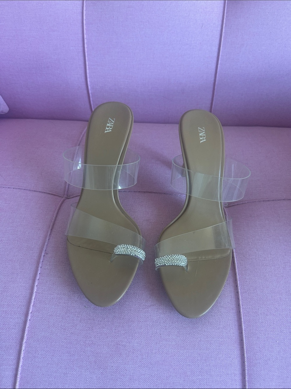 ZARA Tan Slide Sandals with Clear Straps and Rhinestone Toe